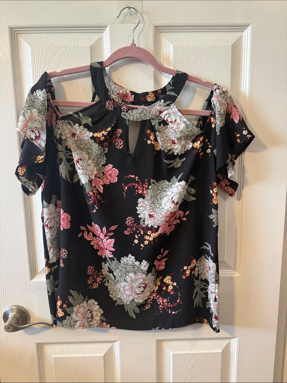 As U Wish Black Floral Cold-Shoulder Blouse with Pink & Cream Blooms
